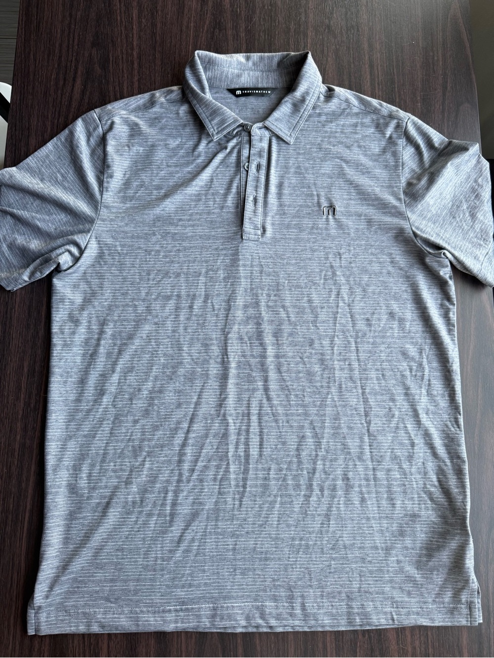 TravisMathew Polo Shirt Striped Gray Short Sleeve Button Logo Men's L